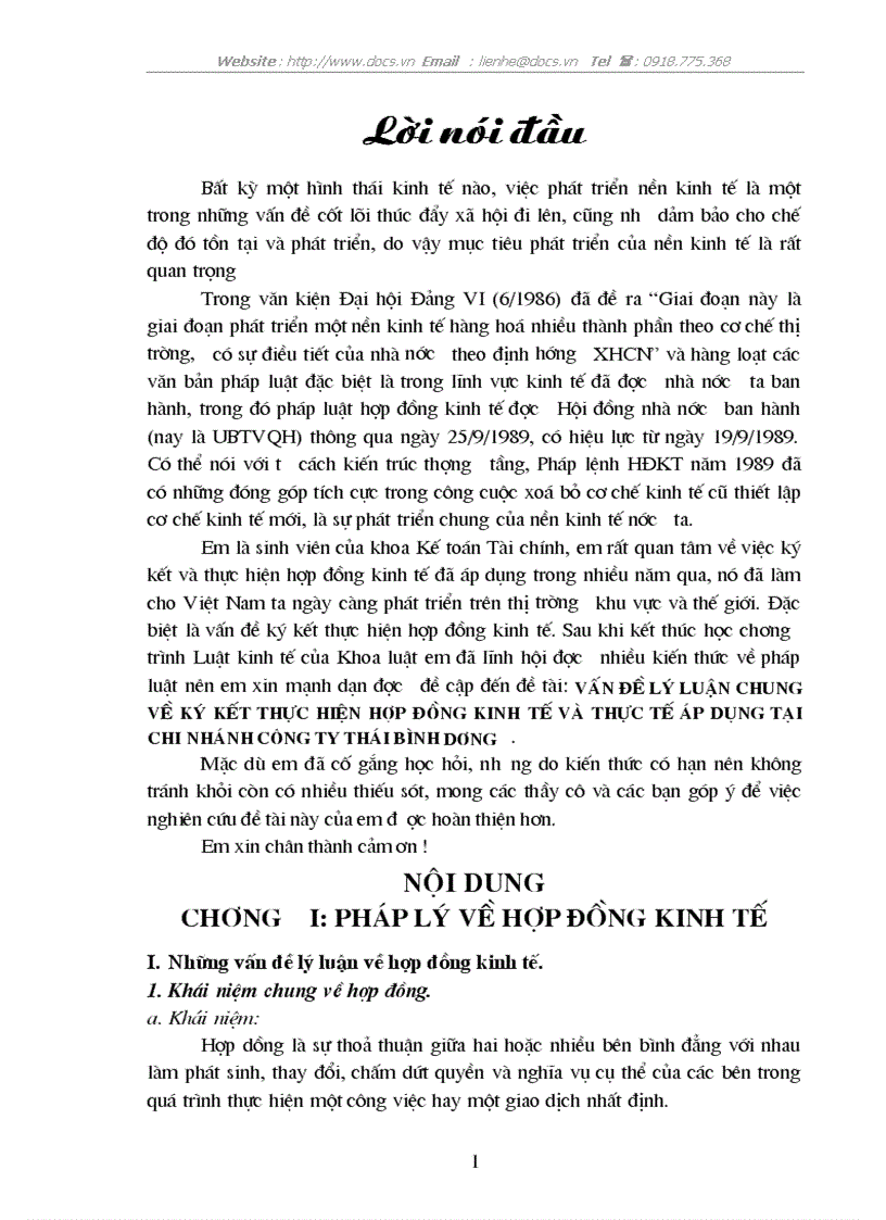 Vấn đề lý luận chung về ký kết thực hiện hợp đồng kinh tế và thực tế áp dụng tại chi nhánh công ty thái bình dương