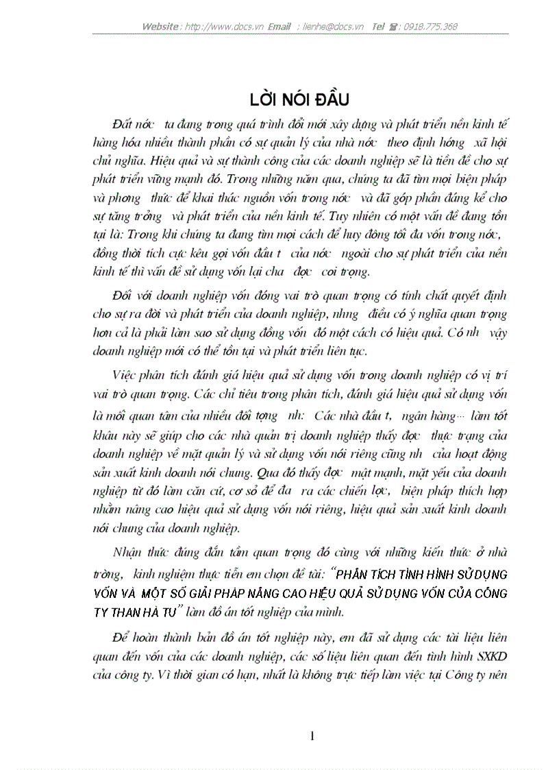 Ptích tình hình sử dụng vốn 1 số giải pháp nâng cao hiệu quả sử dụng vốn của C ty Than Hà Tu