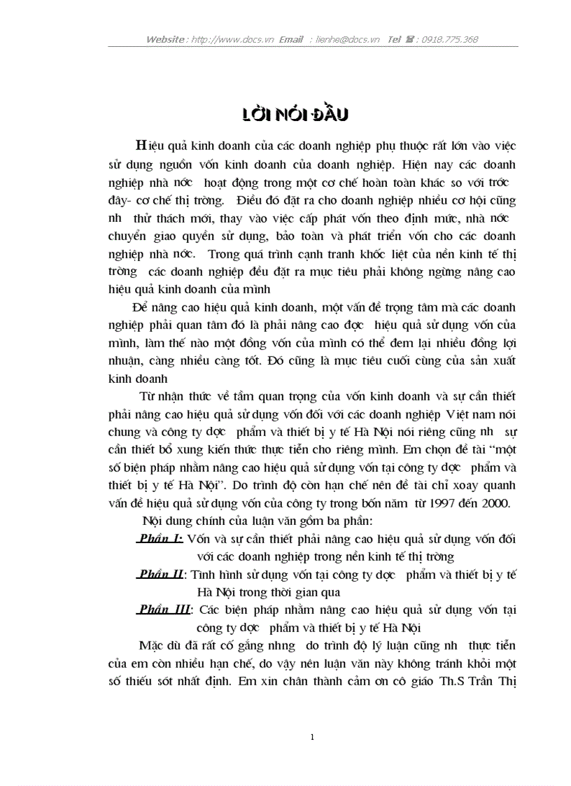 1số biện pháp nhằm nâng cao hiệu quả sử dụng vốn tại C ty dược phẩm thiết bị y tế Hà Nội