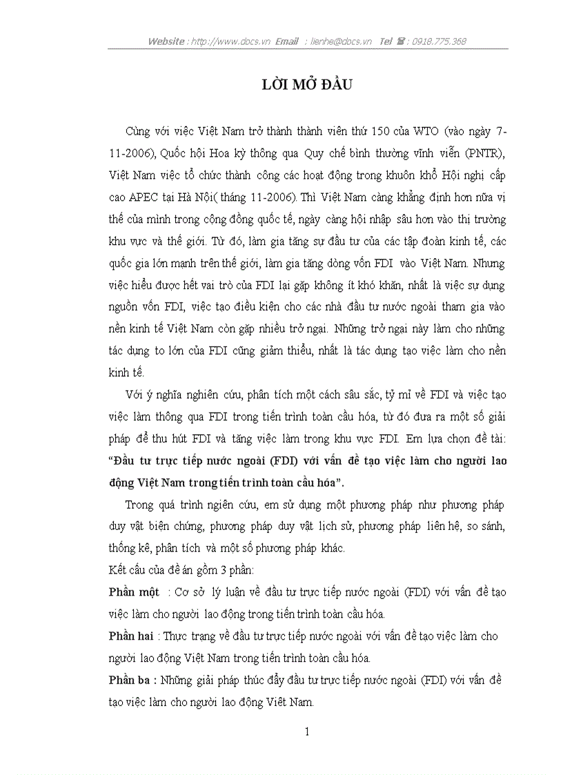Đầu tư trực tiếp nước ngoài FDI với vấn đề tạo việc làm cho người lao động Việt Nam trong tiến trình toàn cầu hóa