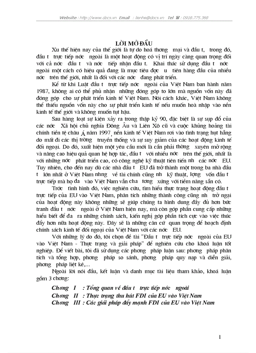 FDI của EU vào VN Thực trạng giải pháp