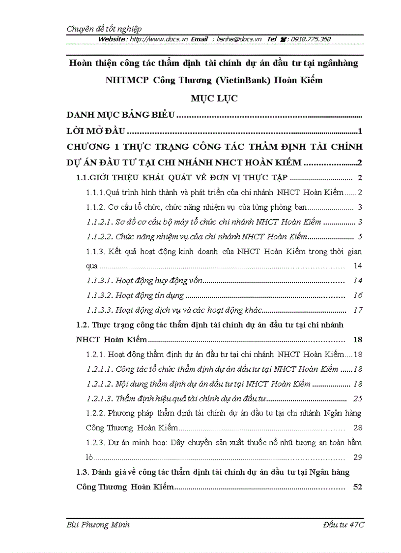 Hoàn thiện công tác thẩm định tài chính dự án đầu tư tại ngânhàng NHTMCP Công Thương VietinBank Hoàn Kiếm