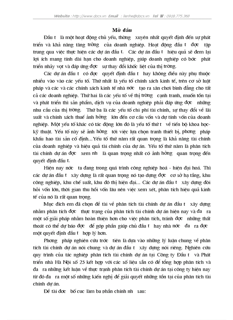 Thực trạng và giải pháp trong việc phân tích tài chính dự án tại Công ty Đầu tư và phát triển nhà Hà Nội số 25