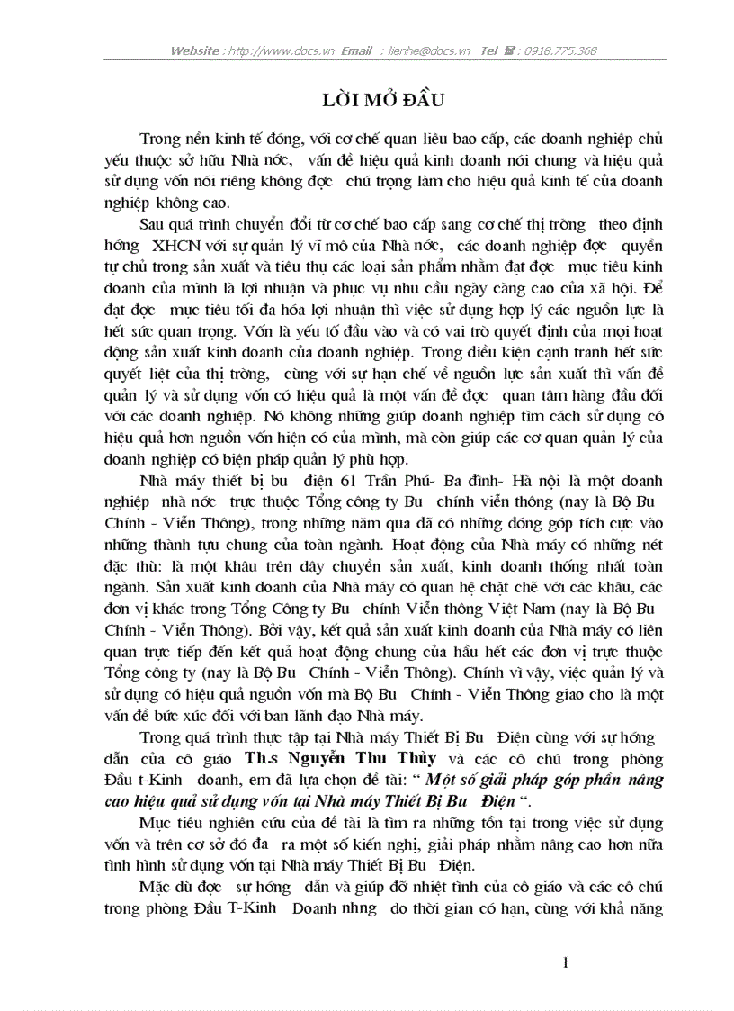 Giải pháp góp phần nâng cao hiệu quả sử dụng vốn tại Nhà máy Thiết Bị Bưu Điện