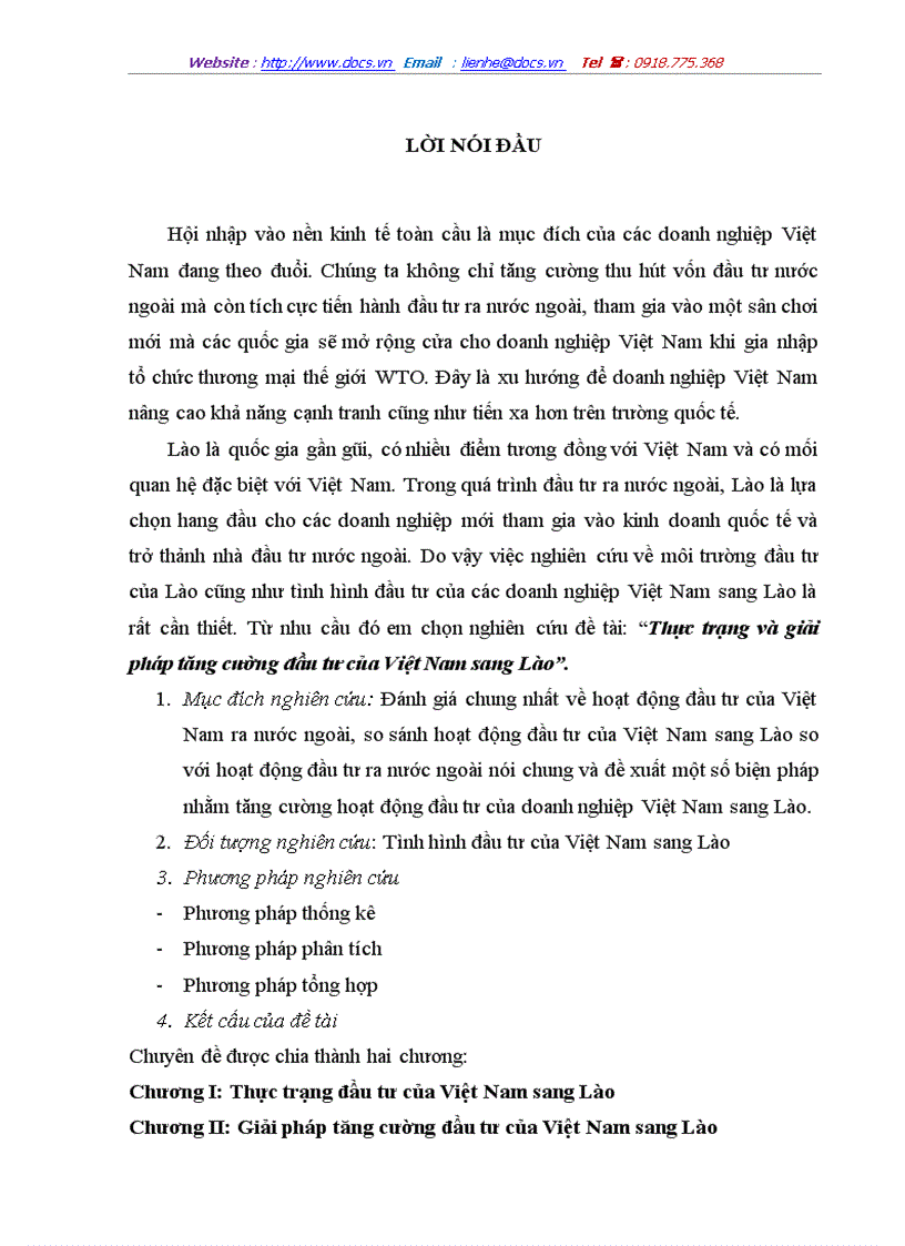 Giải pháp tăng cường đầu tư của việt nam sang lào