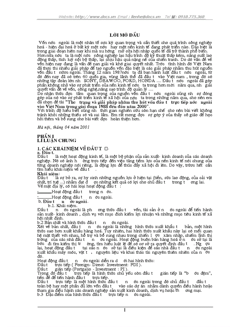 Thưc trạng và giải pháp nhằm thu hút vốn đầu tư trực tiếp nước ngoài vào Việt Nam trong giai đoạn 1988 đến đầu năm 2000