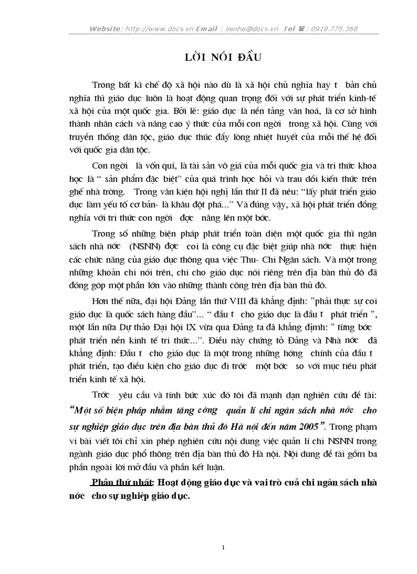 1số biện pháp nhằm tăng cường quản lý chi NSNN cho sự nghiệp giáo dục trên địa bàn thủ đô Hà nội đến 2005