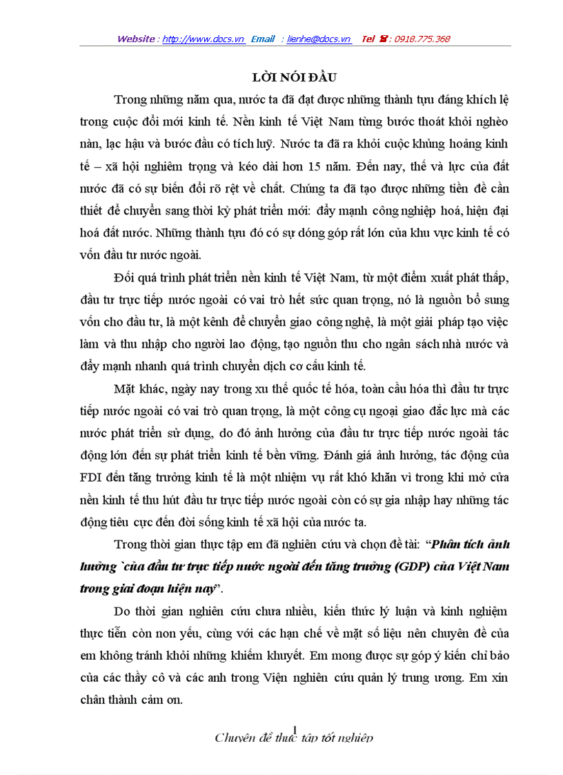 Phân tích tác động của fdi đến tăng trưởng gdp của việt nam trong giai đoạn hiện nay