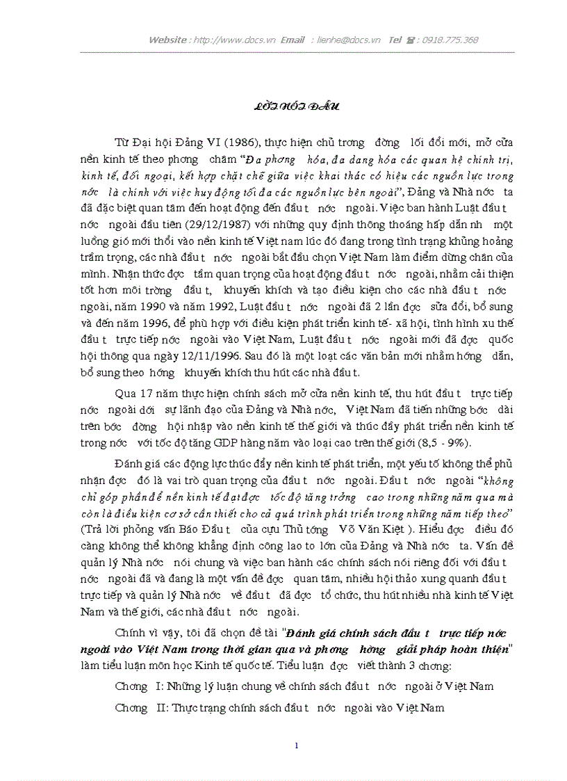 Đánh giá chính sách đầu tư trực tiếp nước ngoài vào Việt Nam trong thời gian qua và phương hường giải pháp hoàn thiện