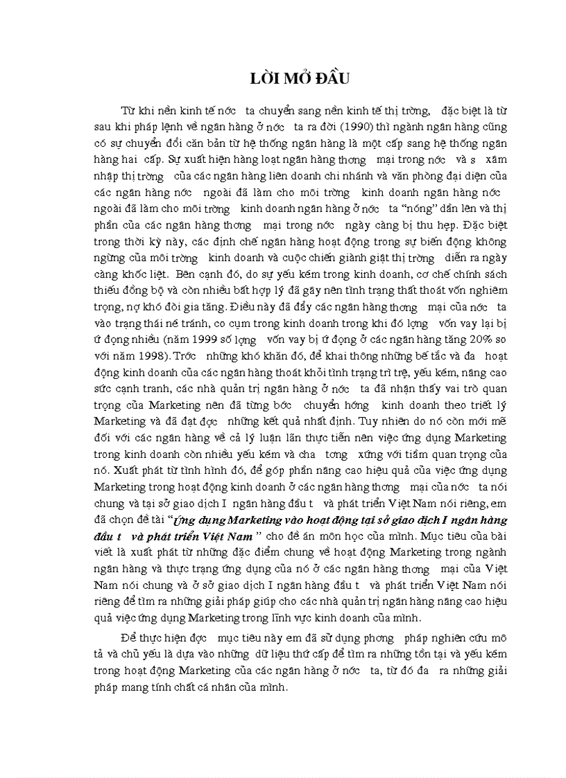 Ứng dụng Marketing vào hoạt động tại sở giao dịch ngân hàng đầu tư và phát triển Việt Nam