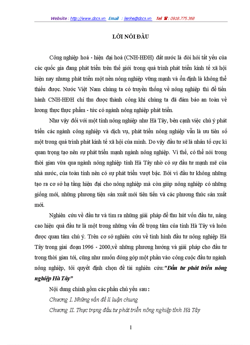 Phương hướng và giải pháp cho đầu tư phát triển nông nghiệp hà tây