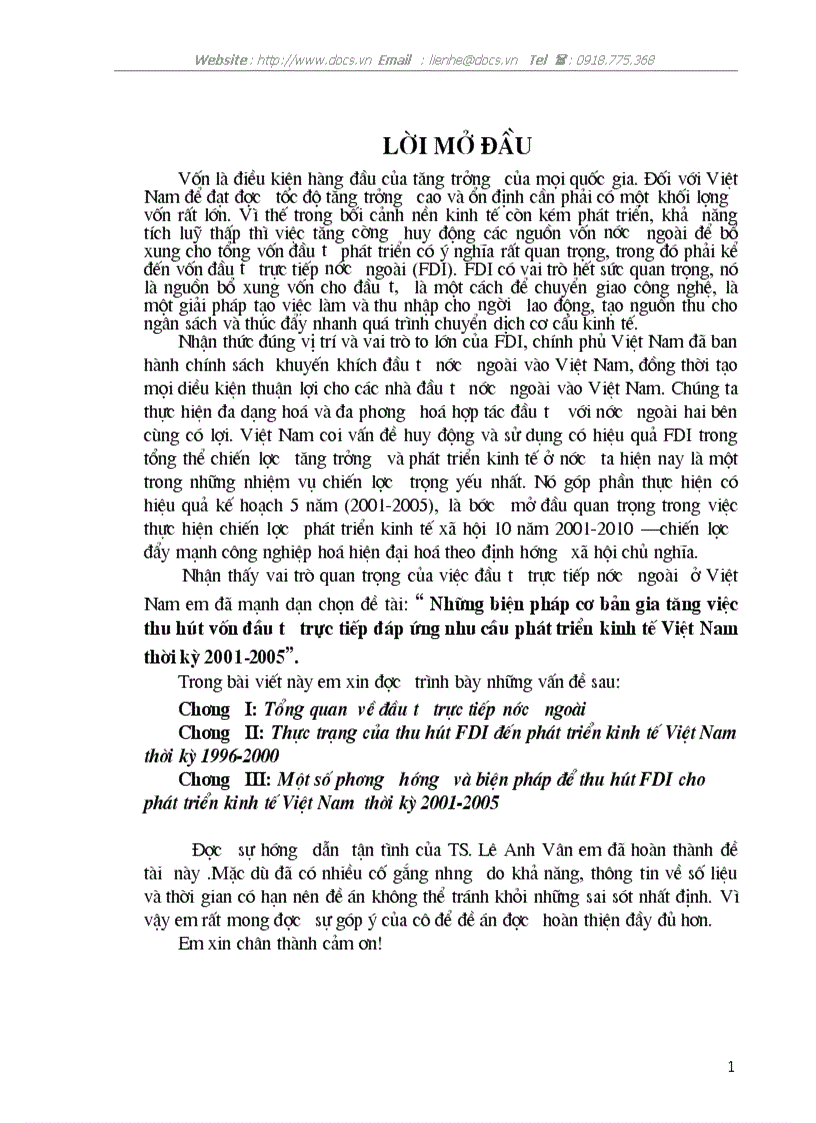 Những biện pháp cơ bản gia tăng việc thu hút vốn đầu tư trực tiếp đáp ứng nhu cầu phát triển kinh tế Việt Nam thời kỳ 2001 2005