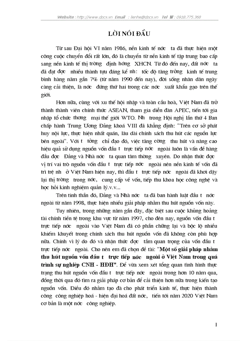 Một số giải pháp nhằm thu hút nguồn vốn đầu tư trực tiếp nước ngoài ở Việt Nam trong quá trình sự nghiệp CNH HĐH