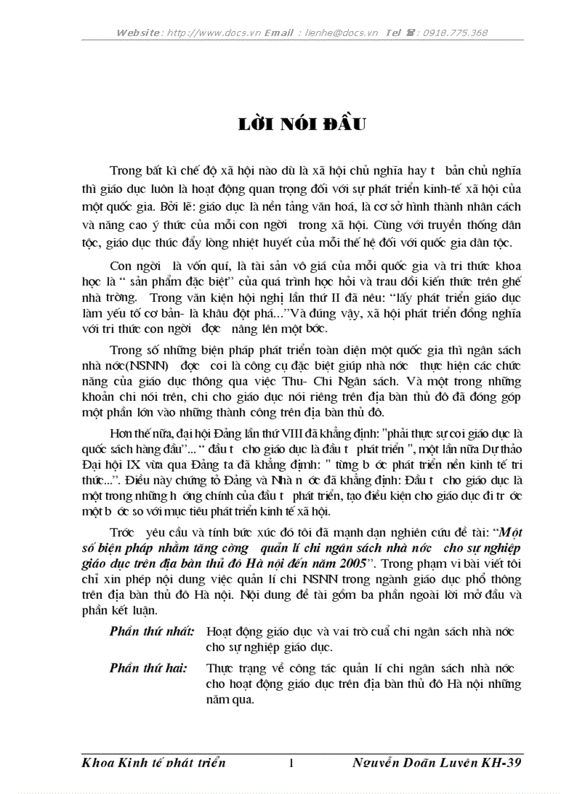 1số biện pháp nhằm tăng cường quản lý NSNN cho sự nghiệp giáo dục trên địa bàn Thủ đô Hà nội đến năm 2005