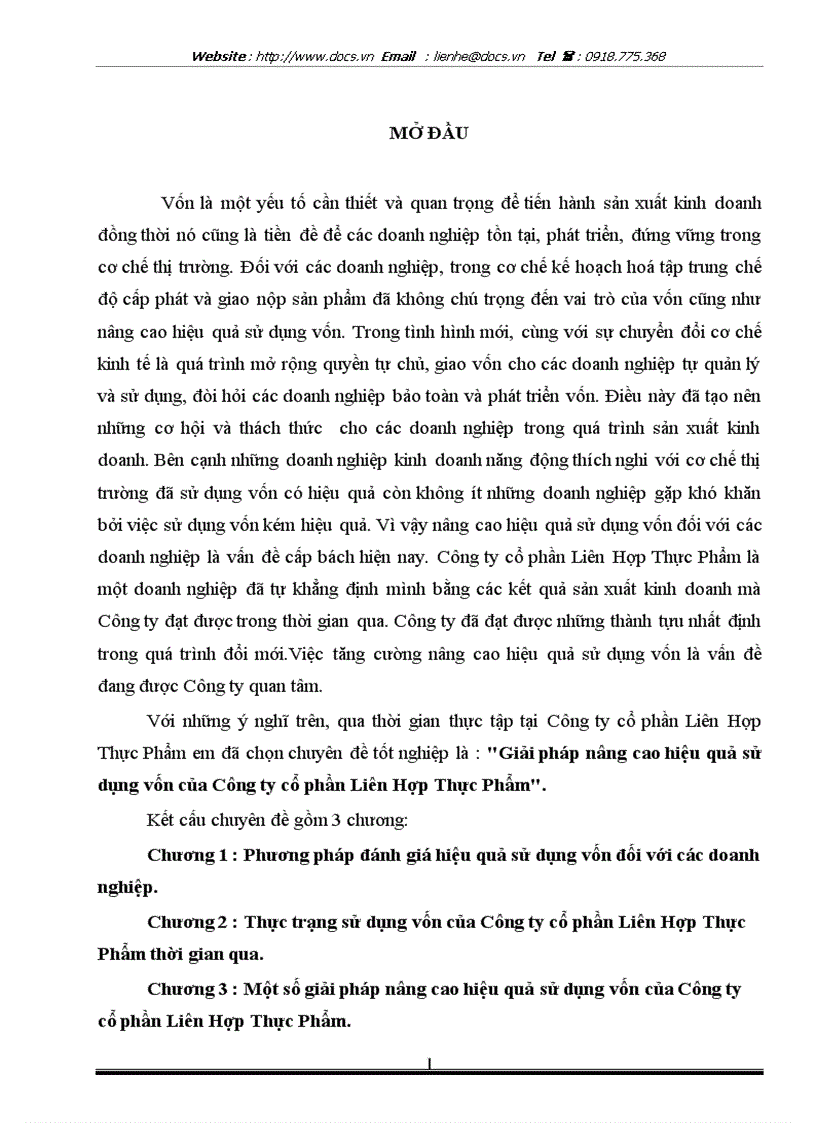 Giải pháp nâng cao hiệu quả sử dụng vốn của Cụng ty cổ phần Liờn Hợp Thực Phẩm