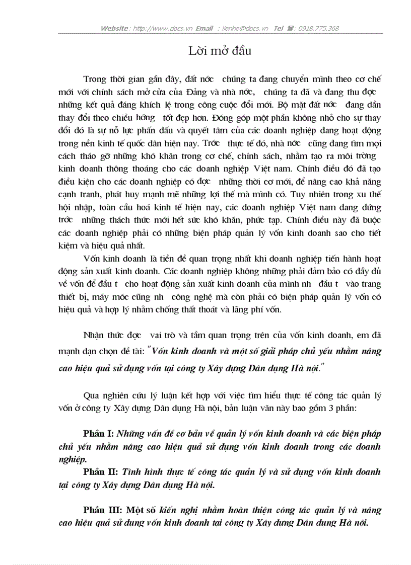 Vốn kinh doanh 1 số giải pháp chủ yếu nhằm nâng cao hiệu quả sử dụng vốn tại C ty Xây dựng Dân dụng Hà nội