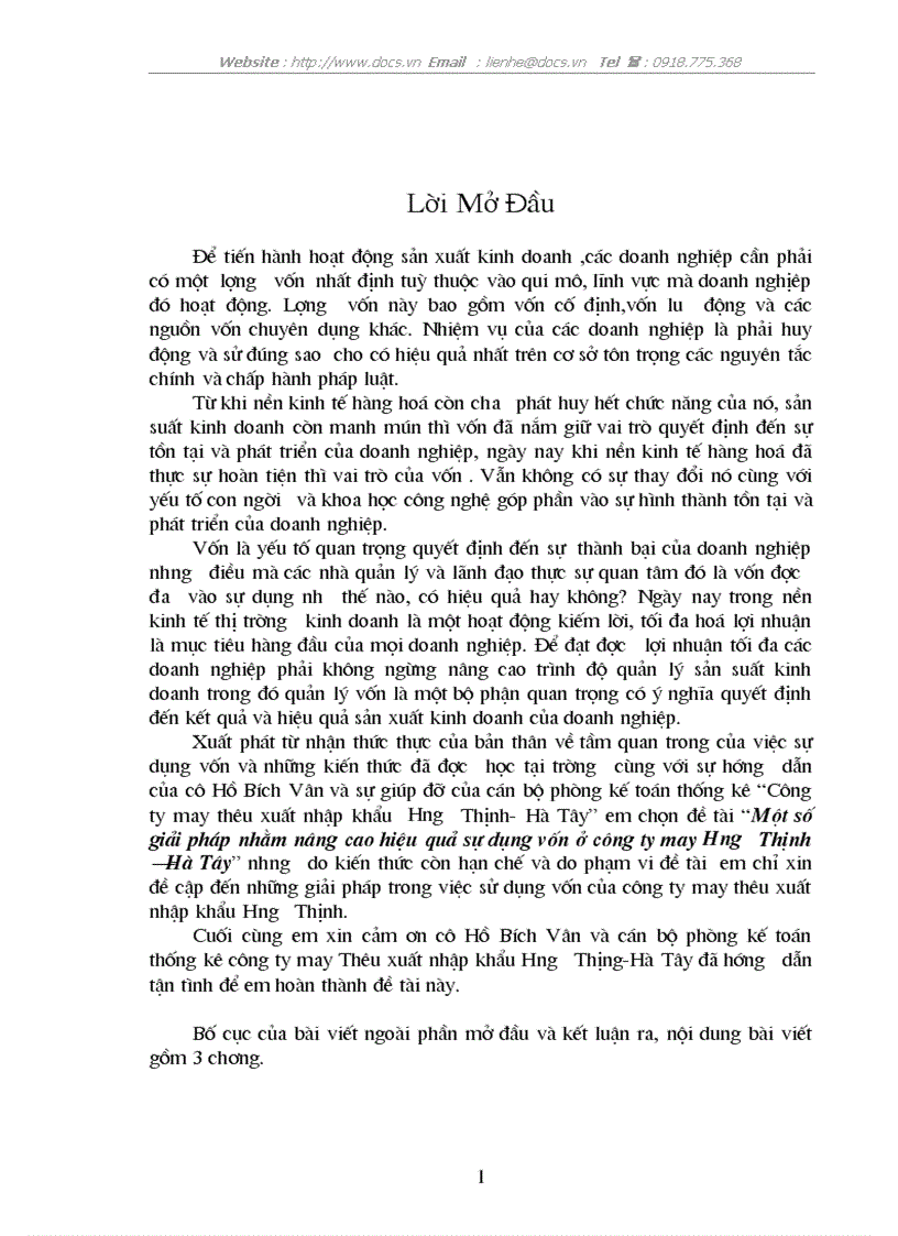 1số giải pháp nhằm nâng cao hiệu quả sử dụng vốn ở C ty May Hưng Thịnh Hà Tây