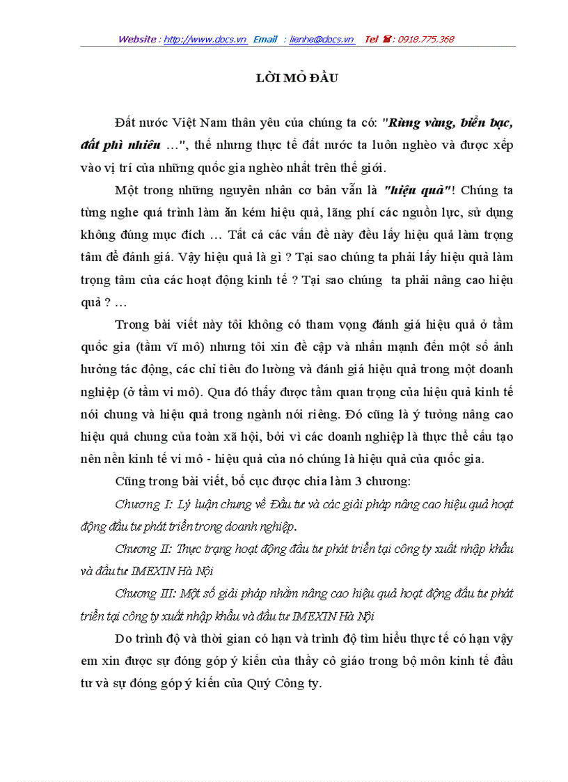 Một số giải pháp nâng cao hiệu quả đầu tư sản xuất kinh doanh của công ty xuất nhập khẩu và đầu tư imexin hà nội