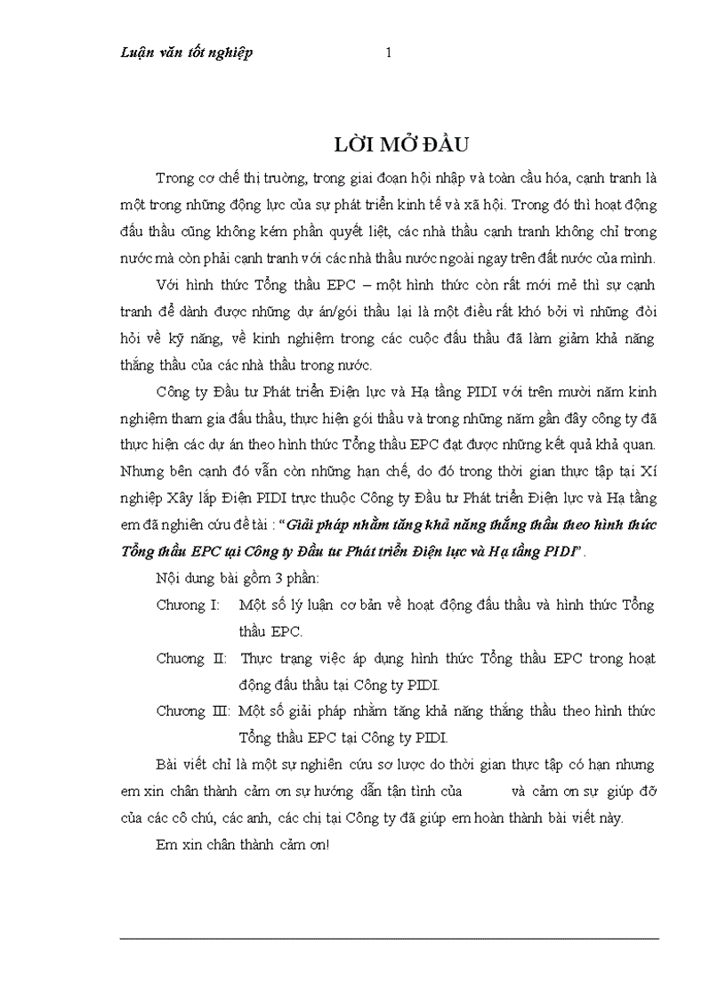Giải pháp nhằm tăng khả năng thắng thầu theo hình thức Tổng thầu EPC tại Công ty Đầu tư Phát triển Điện lực và Hạ tầng PIDI