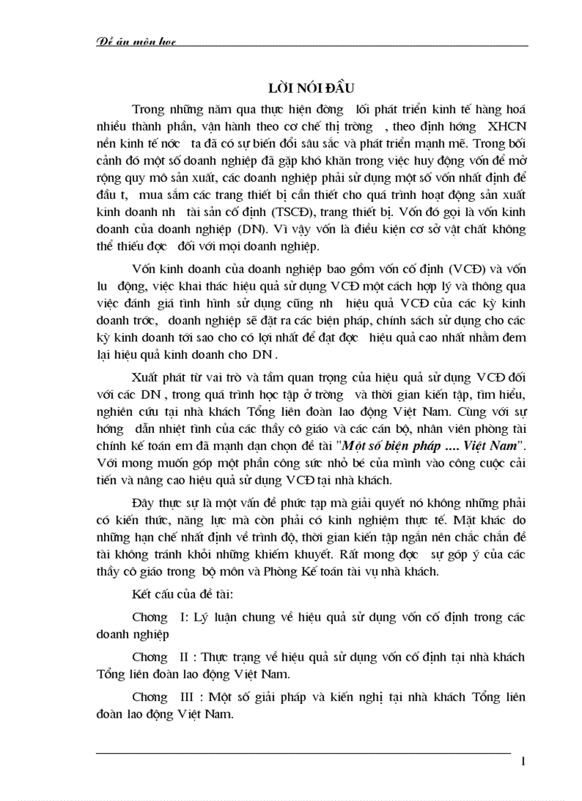 Thực trạng và giải pháp sử dụng vốn cố định tại nhà khách Tổng liên đoàn lao động Việt Nam