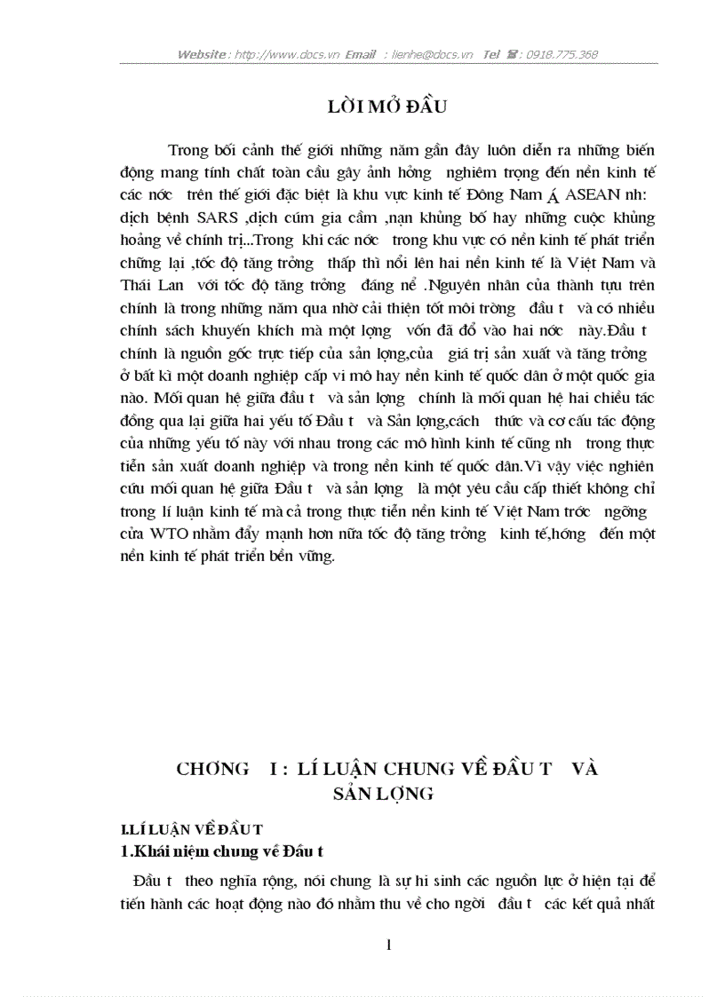 Mối quan hệ giữa đầu tư sản lượng