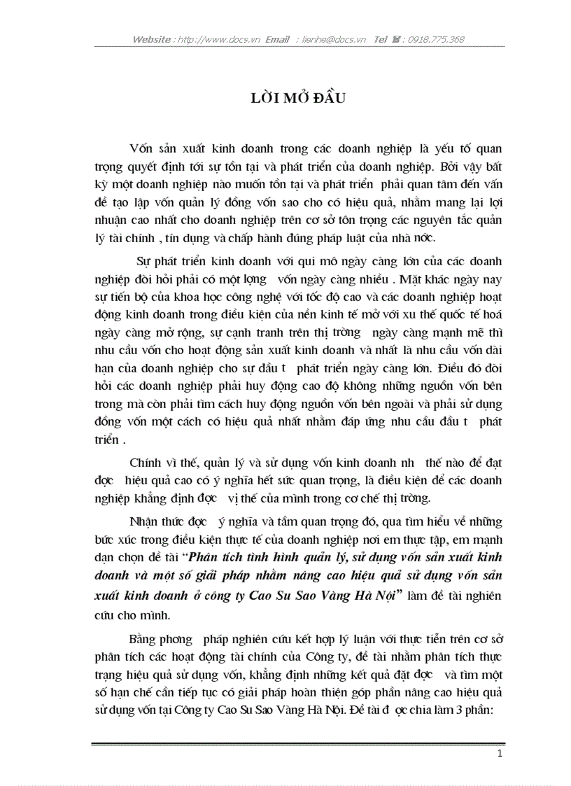 Ptích tình hình quản lý sử dụng vốn SXKD giải pháp nâng cao hiệu quả sử dụng vốn SXKD ở C ty Cao su Sao Vàng Hà Nội