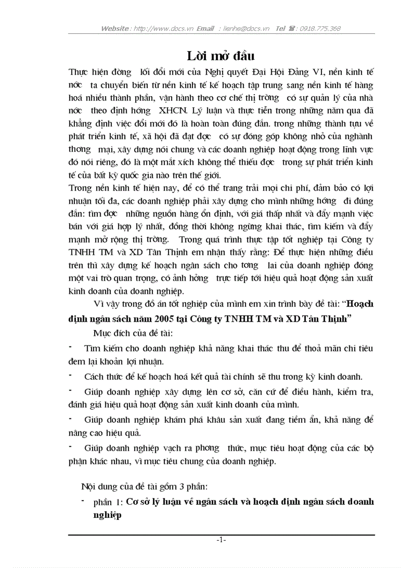 Hoạch định ngân sách năm 2005 tại C ty TNHH thương mại xây dựng Tân Thịnh NSNN