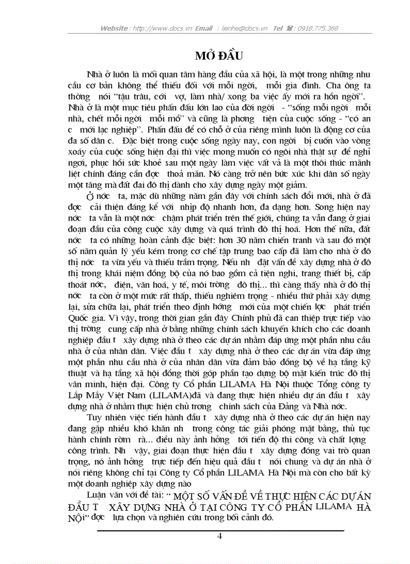 MỘT SỐ VẤN ĐỀ VỀ THỰC HIỆN CÁC DỰ ÁN ĐẦU TƯ XÂY DỰNG NHÀ Ở TẠI CÔNG TY CỔ PHẦN LILAMA HÀ NỘi
