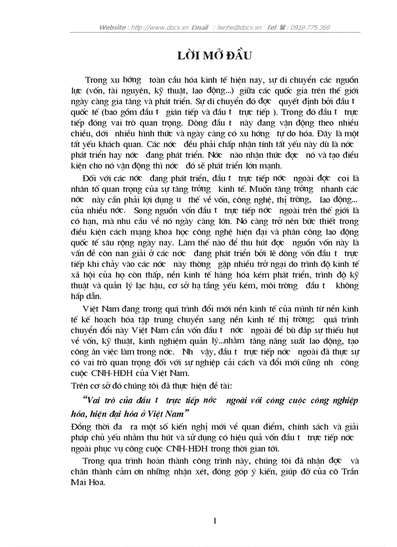 Vai trò của đầu tư trực tiếp nước ngoài với công cuộc công nghiệp hóa hiện đại hóa ở Việt Nam