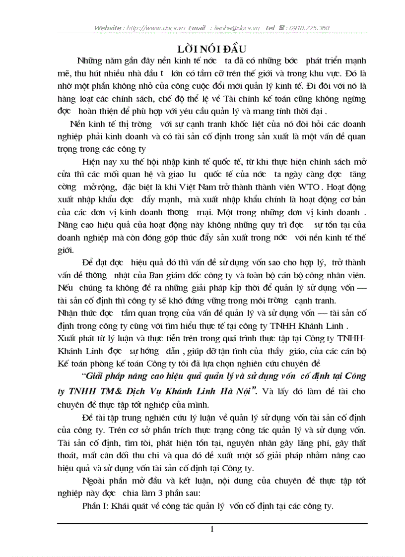 Giải pháp nâng cao hiệu quả quản lý và sử dụng vốn cố định tại Công ty TNHH TM Dịch Vụ Khánh Linh Hà Nội