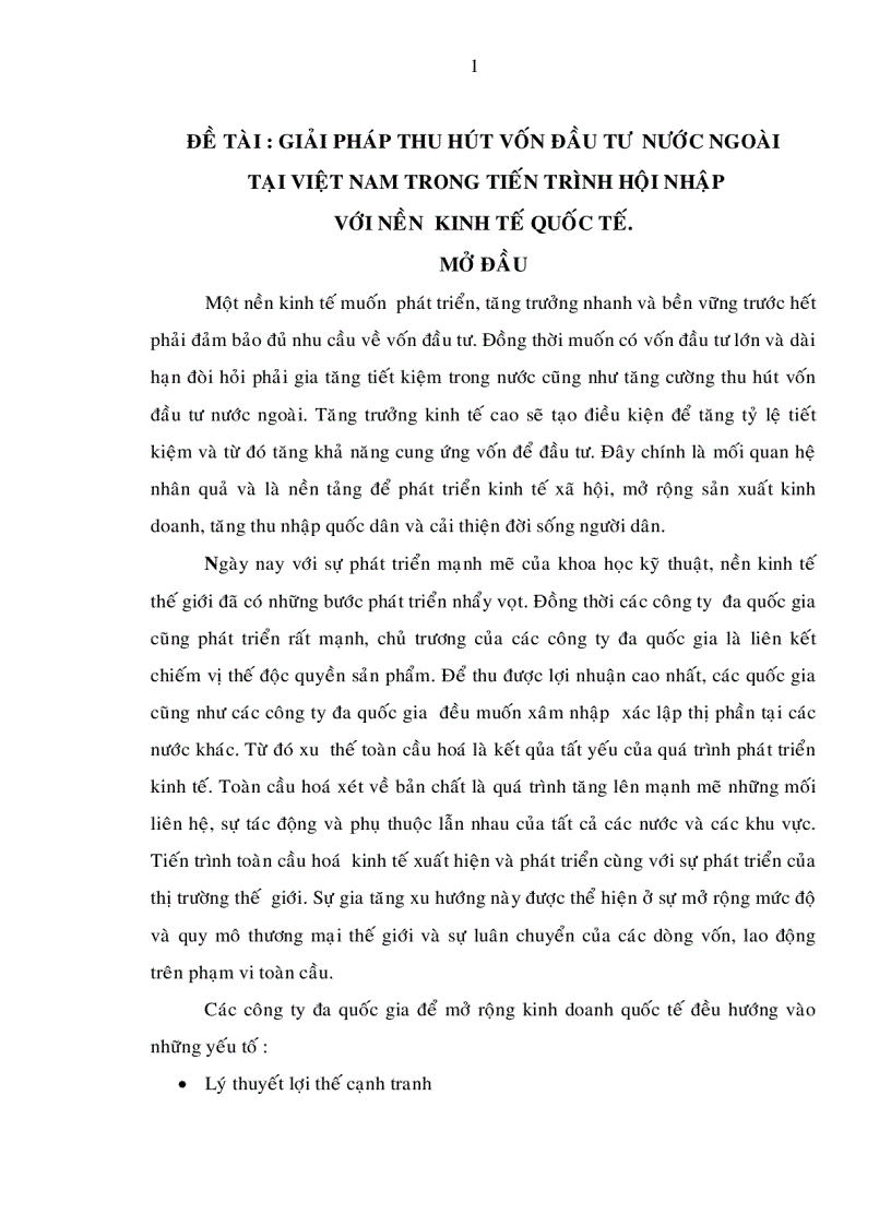 Giải pháp thu hút vốn đầu tư nước ngoài tại Việt Nam trong tiến trình hội nhập với nền kinh tế Quốc tế