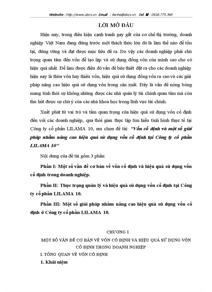 Vốn cố định và một số giải pháp nhằm nâng cao hiệu quả sử dụng vốn cố định tại Công ty cổ phần LILAMA 10