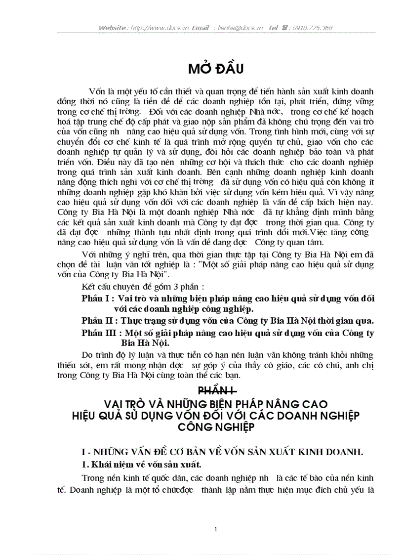 1số giải pháp nâng cao hiệu quả sử dụng vốn của C ty Bia Hà Nội