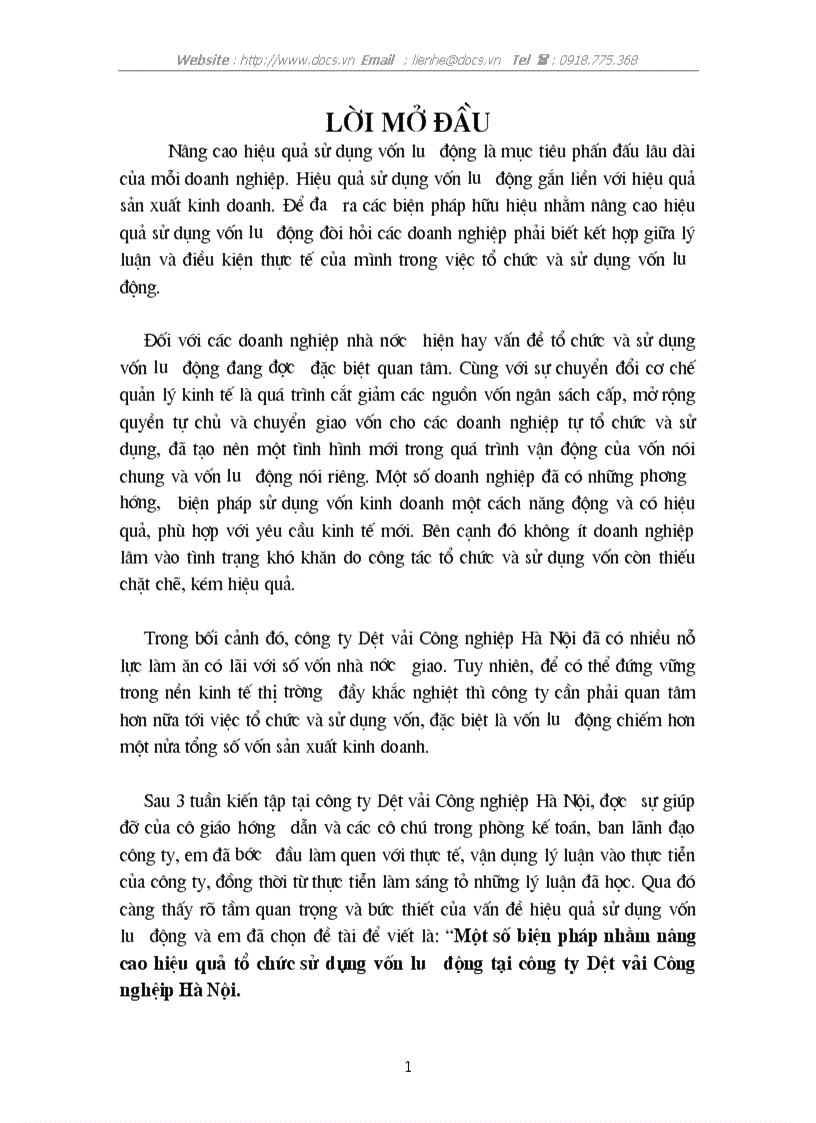 1số biện pháp nhằm nâng cao hiệu quả tổ chức sử dụng VLĐ tại C ty Dệt vải Công nghiệp Hà Nội