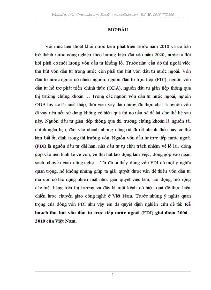 Kế hoạch thu hút vốn đầu tư trực tiếp nước ngoài FDI giai đoạn 2006 2010 của Việt Nam