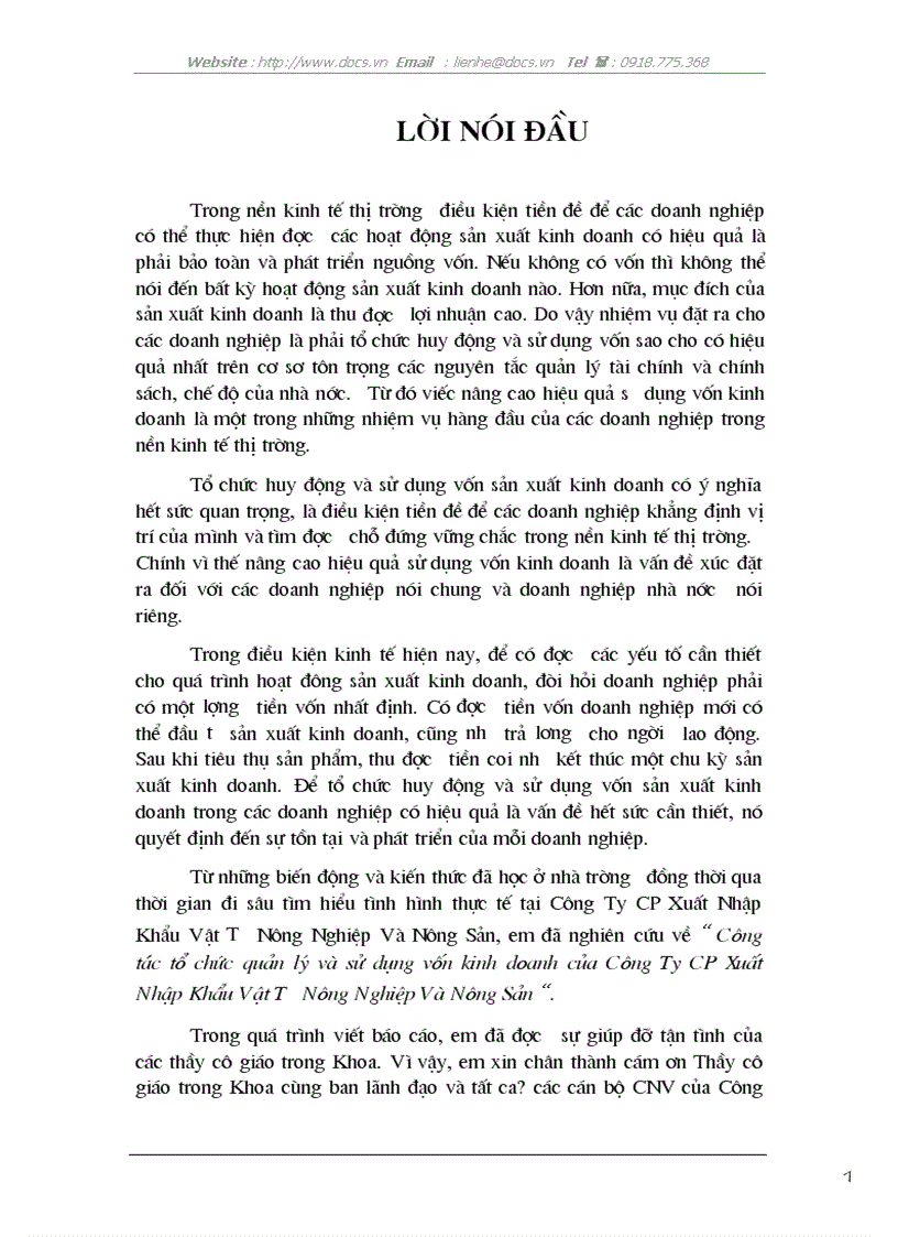 Công tác tổ chức quản lý sử dụng vốn kinh doanh của C ty CP XNK vật tư nông nghiệp Nông sản