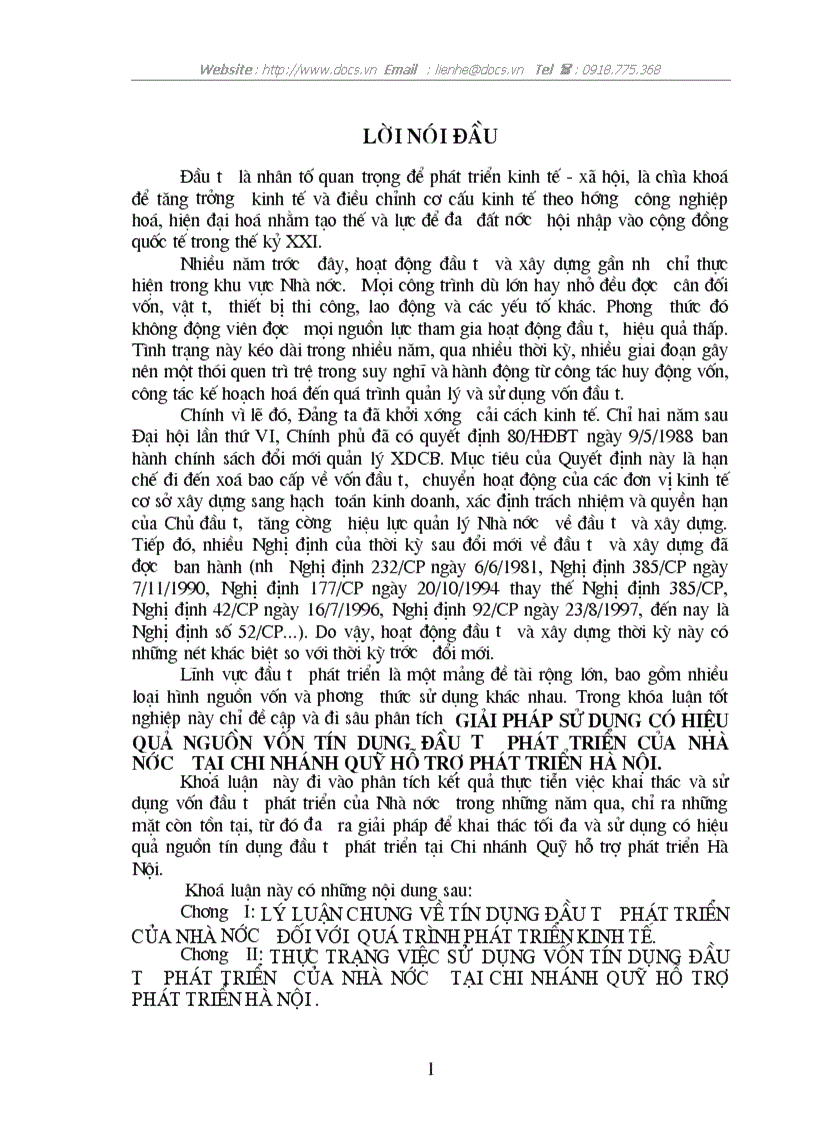 Giải pháp sử dụng có hiệu quả nguồn vốn tín dụng đầu tư phát triển của Nhà nước tại chi nhánh quỹ hỗ trợ phát triển Hà Nội