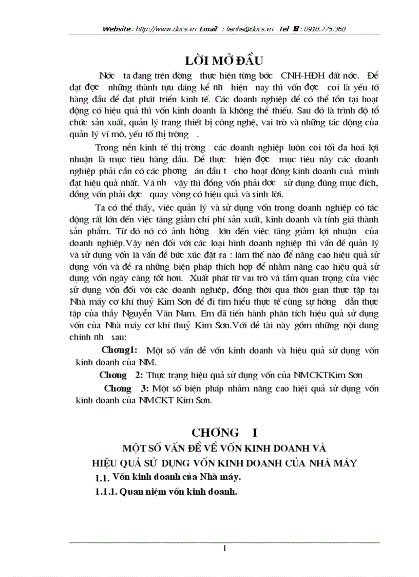 Hiệu quả sử dụng vốn của Nhà máy cơ khí thuỷ Kim Sơn