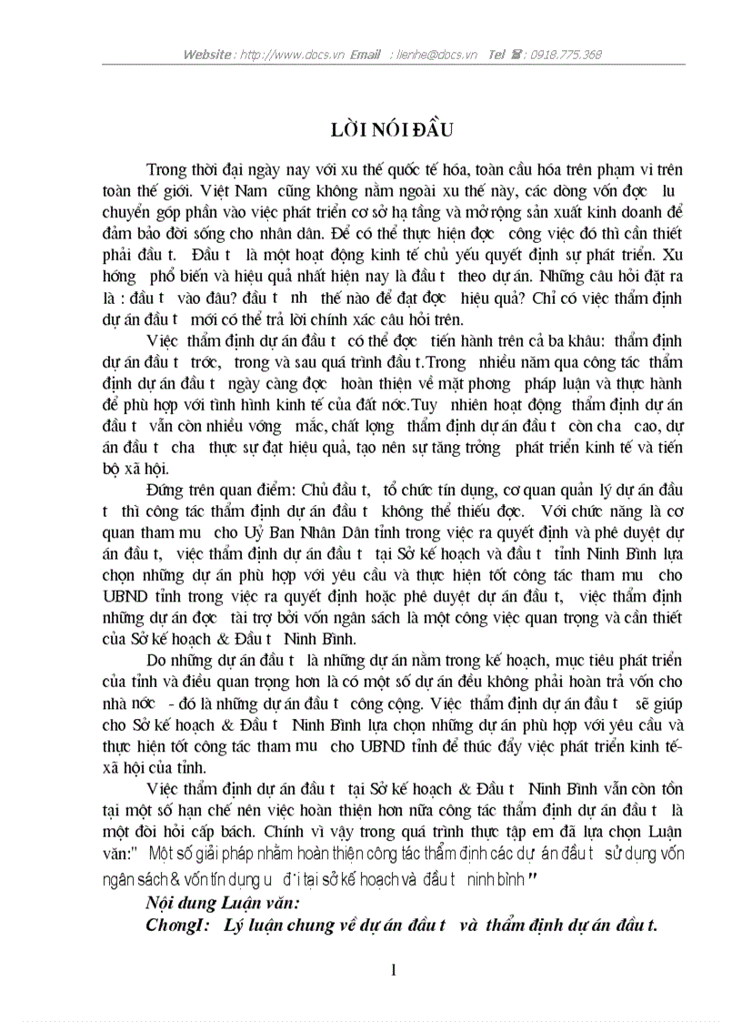Một số giải pháp nhằm hoàn thiện công tác thẩm định các dự án đầu tư sử dụng vốn ngân sách vốn tín dụng ưu đãi tại sở kế hoạch và đầu tư ninh bình