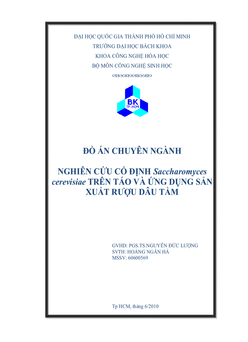 NGHIÊN CỨU CỐ ĐỊNH Saccharomyces cerevisiae TRÊN TÁO VÀ ỨNG DỤNG SẢN XUẤT RƯỢU DÂU TẰM