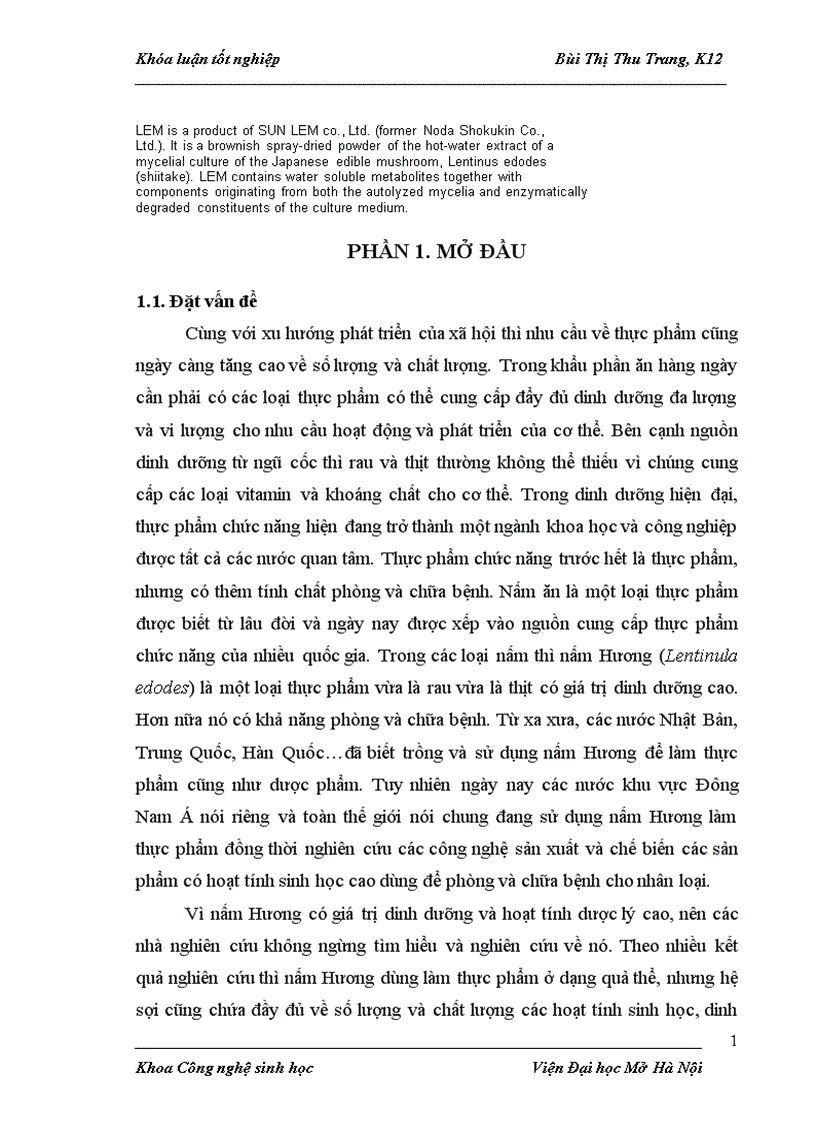 Nghiên cứu sự phát triển của hệ sợi nấm Hương Lentinula edodes trong môi trường nuôi cấy lỏng