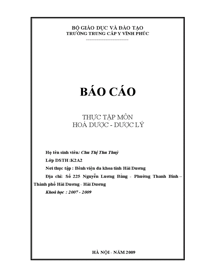 Báo cáo thực tập môn Hóa dược Dược lý