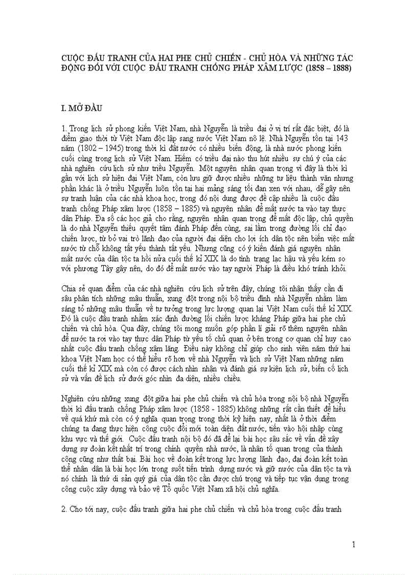 Cuộc đấu tranh của hai phe chủ chiến chủ hòa và những tác động đối với cuốc đấu tranh chống Pháp xâm lược 1858 1888