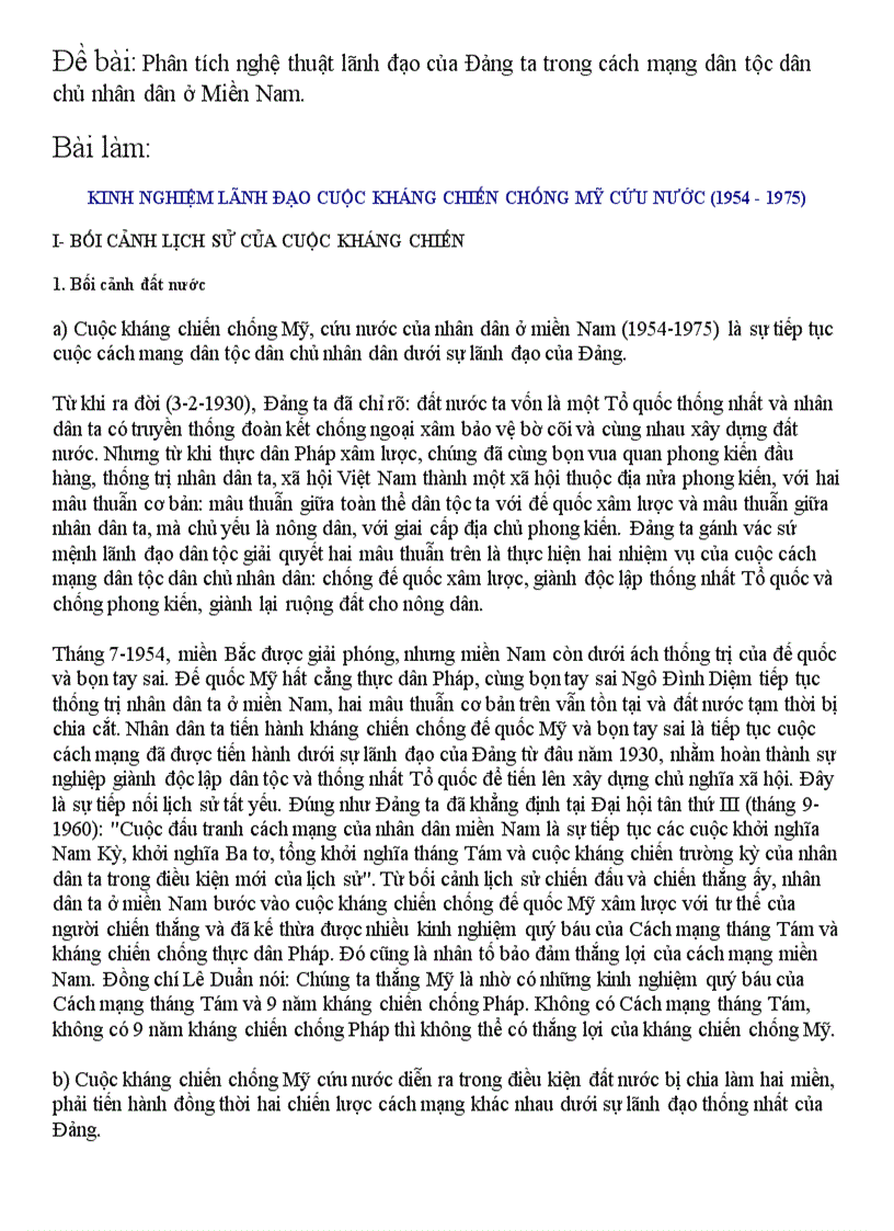 Phân tích nghệ thuật lãnh đạo của Đảng ta trong cách mạng dân tộc dân chủ nhân dân ở Miền Nam