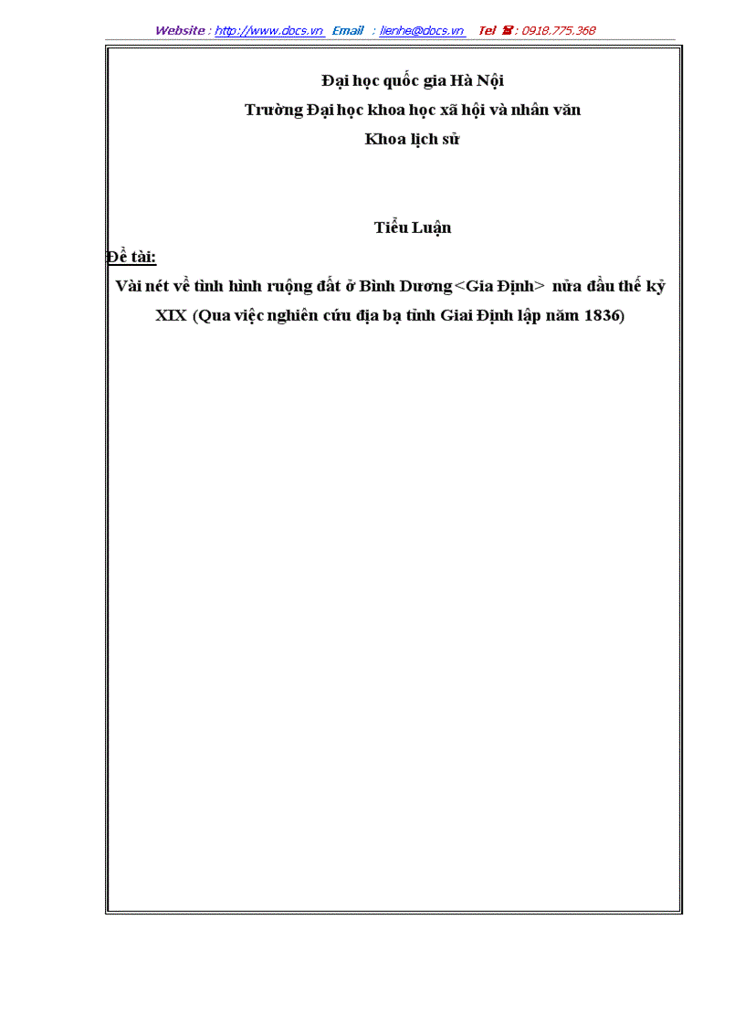 Vài nét về tình hình ruộng đất ở Bình Dương lt Gia Định gt nửa đầu thế kỷ XIX Qua việc nghiên cứu địa bạ tỉnh Giai Định lập năm 1836