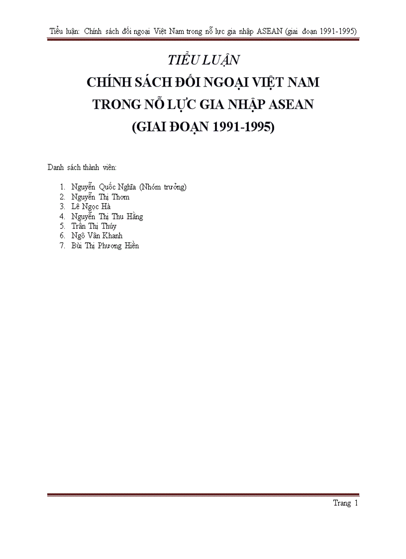 Chính sách đối ngoại Việt Nam trong nỗ lực gia nhập ASEAN giai đoạn 1991 1995