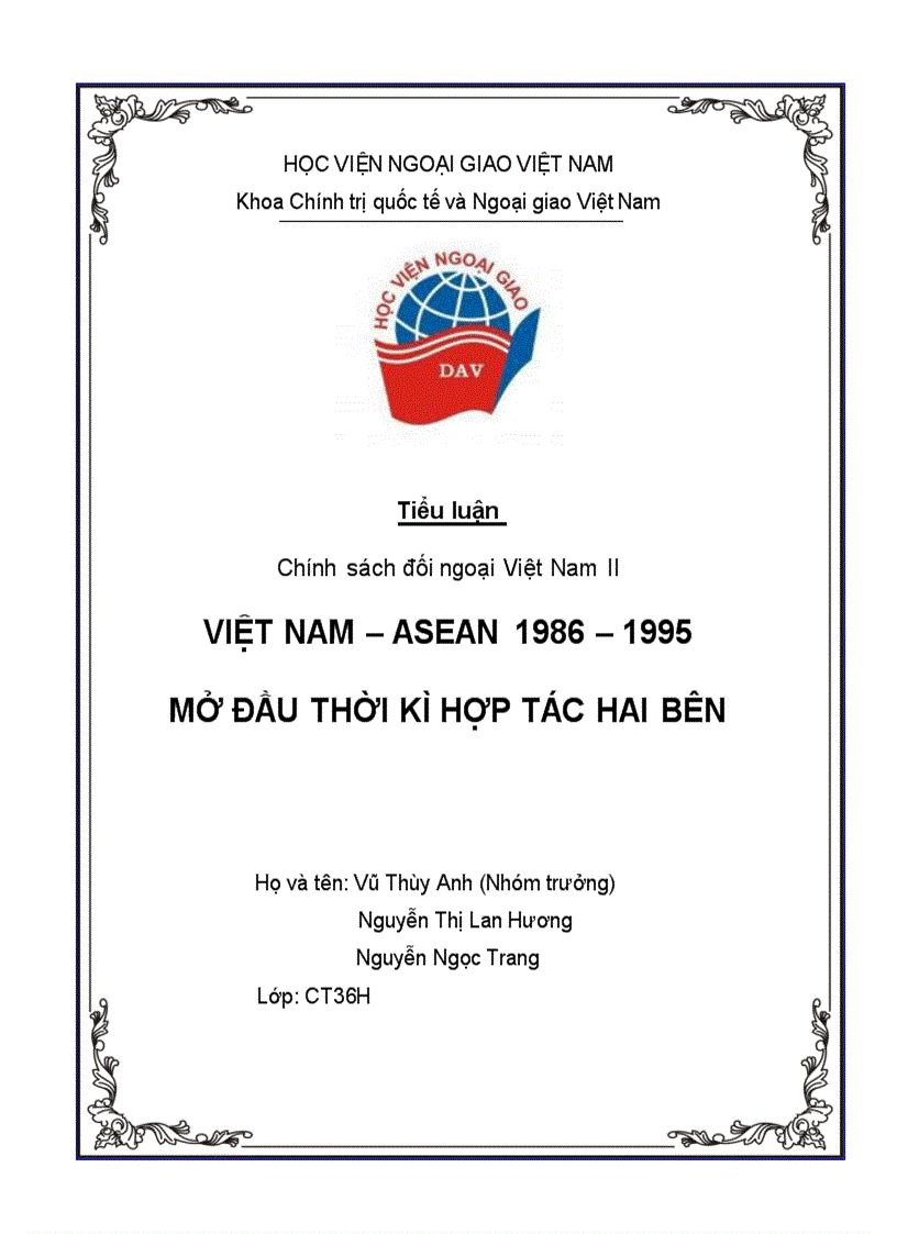 Việt nam asean 1986 1995 mở đầu thời kì hợp tác hai bên