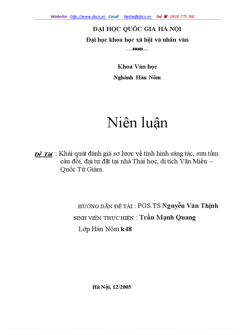 Khái quát đánh giá sơ lược về tình hình sáng tác sưu tầm câu đối đại tự đặt tại nhà Thái học di tích Văn Miếu Quốc Tử Giám