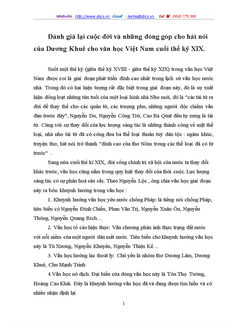 Đánh giá lại cuộc đời và những đóng góp cho hát nói của Dương Khuê cho văn học Việt Nam cuối thế kỷ XIX