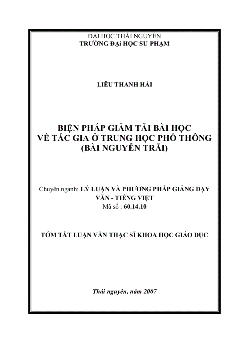 Biện pháp giảm tải bài học về tác gia ở trung học phổ thông bài Nguyễn Trãi Chuyên ngành Lý luận vầ phương pháp giảng dạy văn tiếng Việt